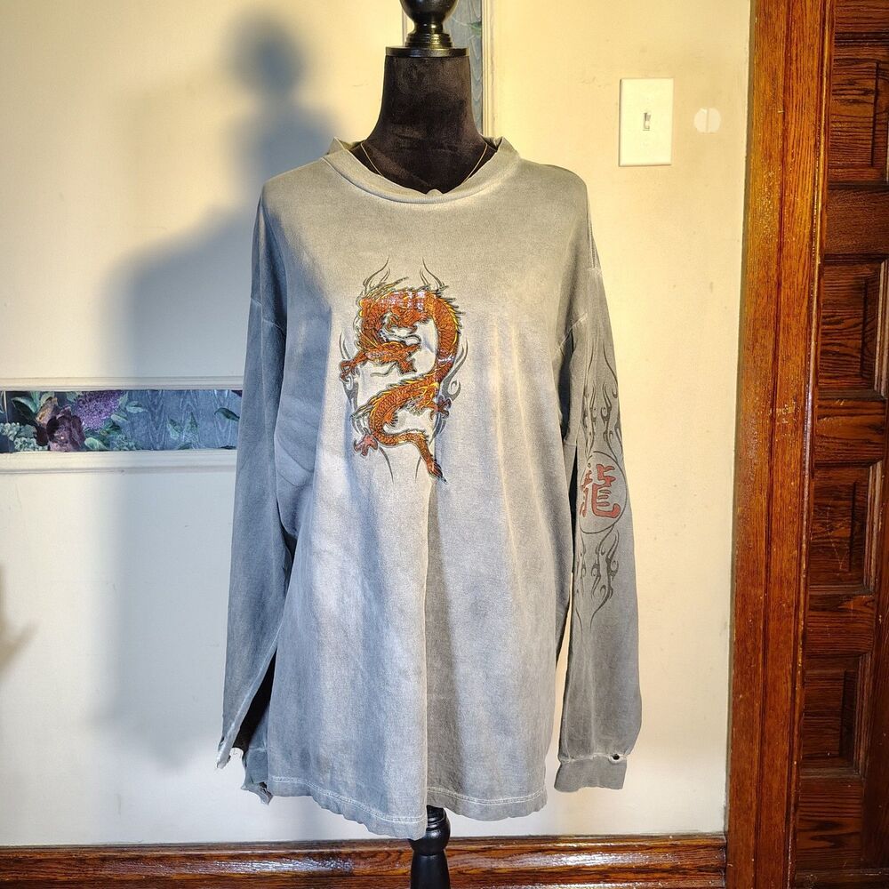 Y2K Shredded Grunge Raw Hem Edgy Torn Dragon Tribal Flame Men's Shirt Sz L/T422